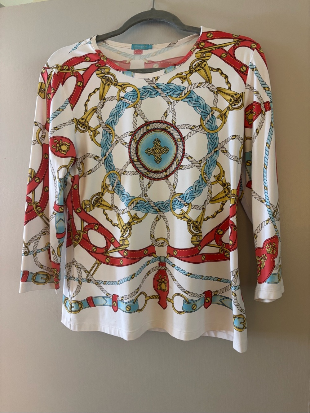 J. McLaughlin White Long-Sleeve Top with Red, Blue and Gold Chain Print